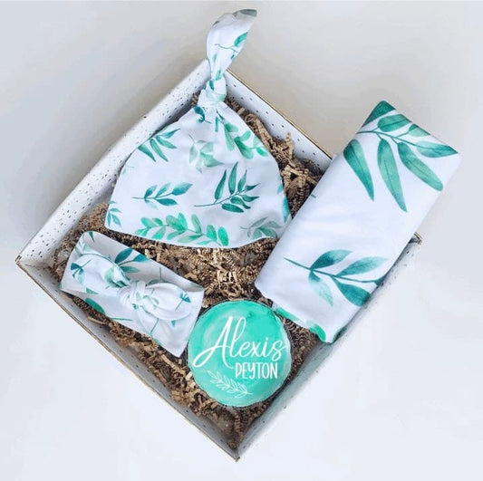 Boho newborn baby hat, bow and swaddle blanket - Gender Neutral Green - Custom