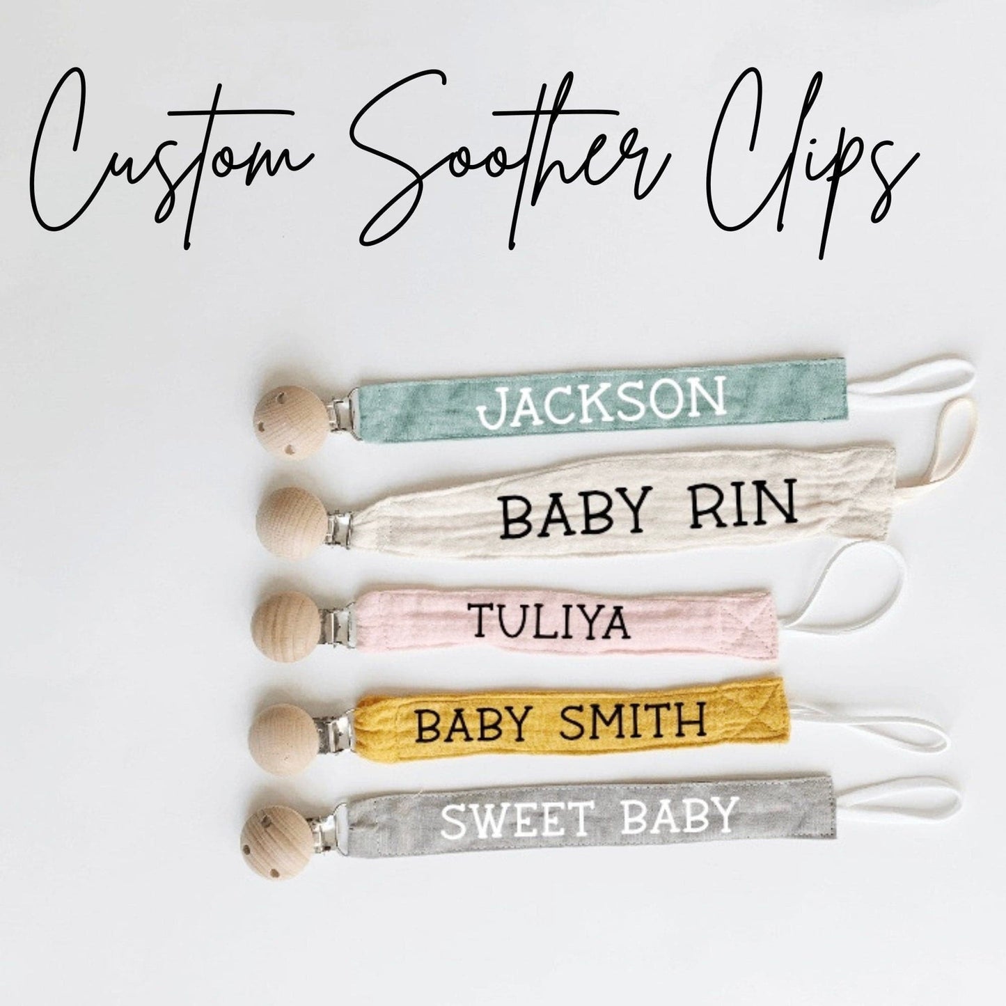 Customized Soother Clip, Personalized Soother Clip, Personalized Pacifier Clip, Custom Dummy Clip, Grey, Yellow, Pink.