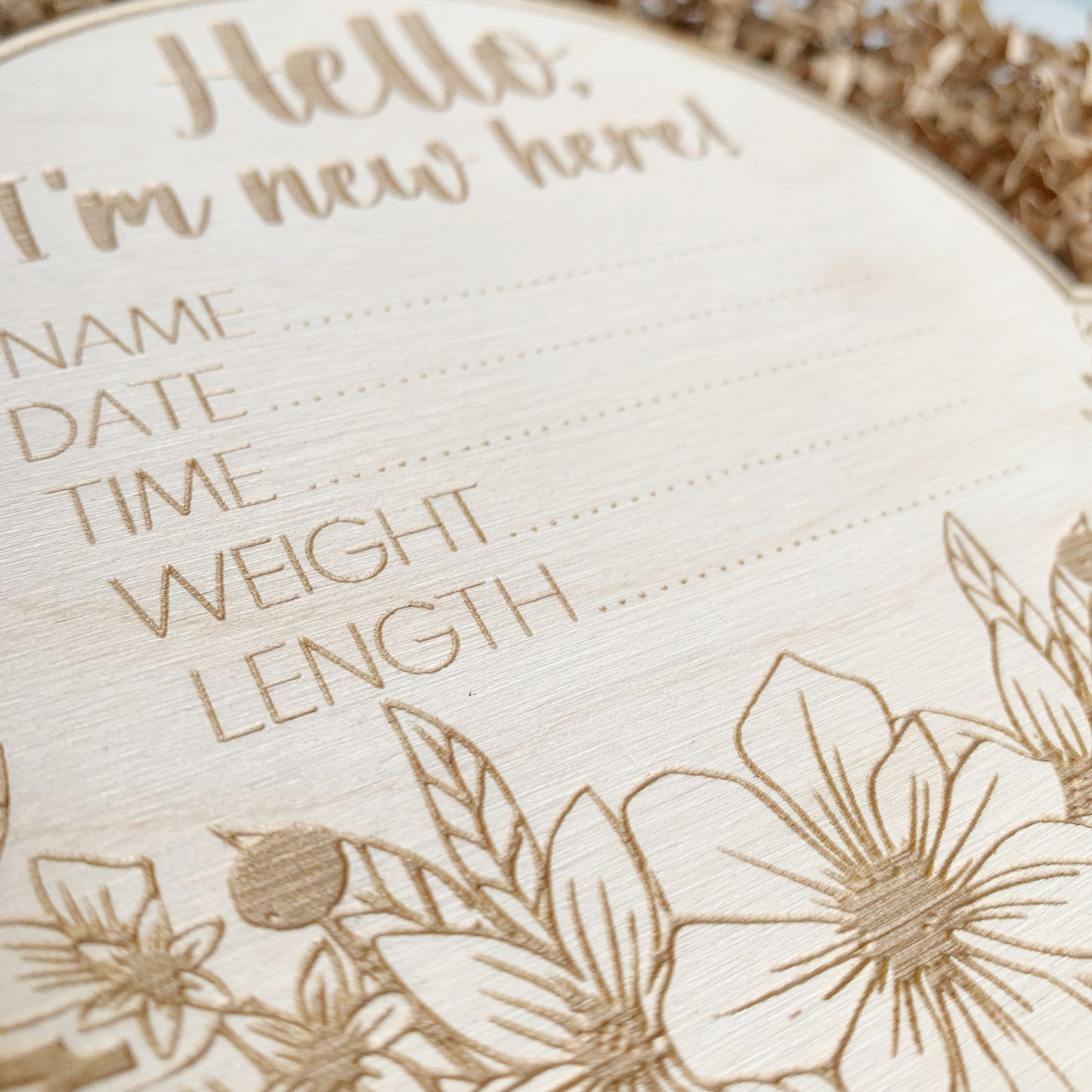 Floral Baby Announcement Birth Stat Disk - Engraved Wooden Sign