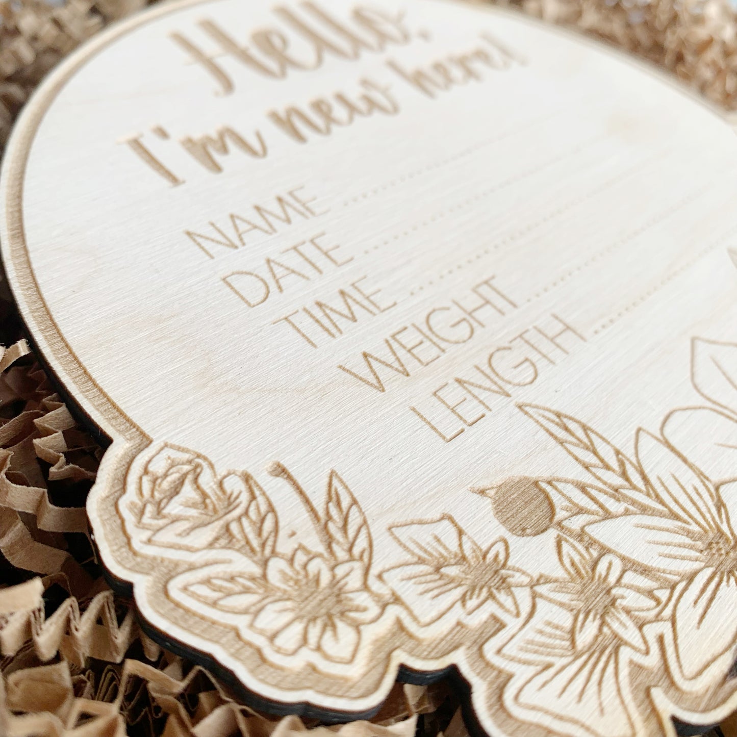 Floral Baby Announcement Birth Stat Disk - Engraved Wooden Sign