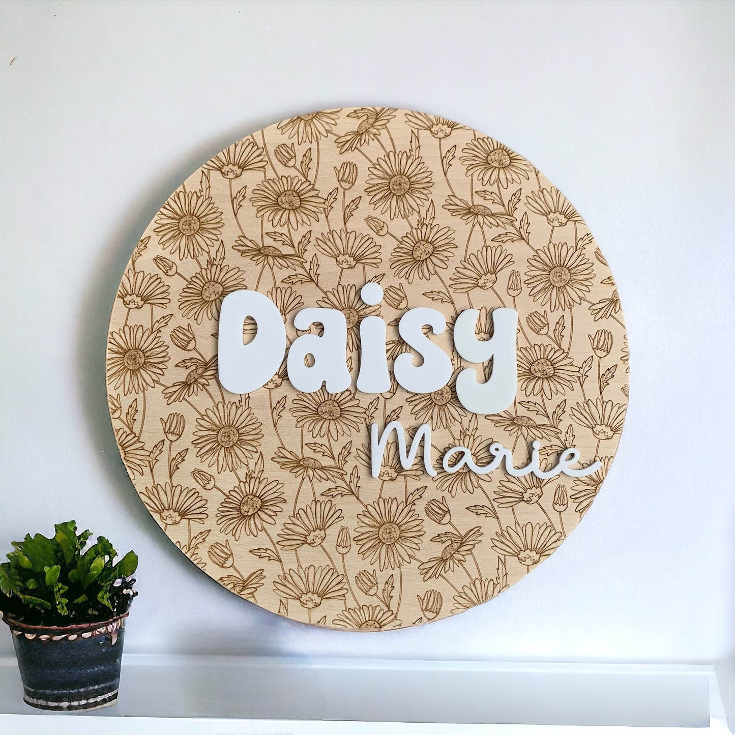 Round 3D Baby Name Sign, Custom Engraved Baby Birth Announcement, Baby Girl Floral Nursery Gift, Personalized Daisy flower Baby shower gift