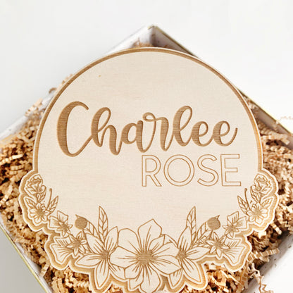 Floral Personalized Baby Name and Birth Stat Disk - Engraved Wooden Sign