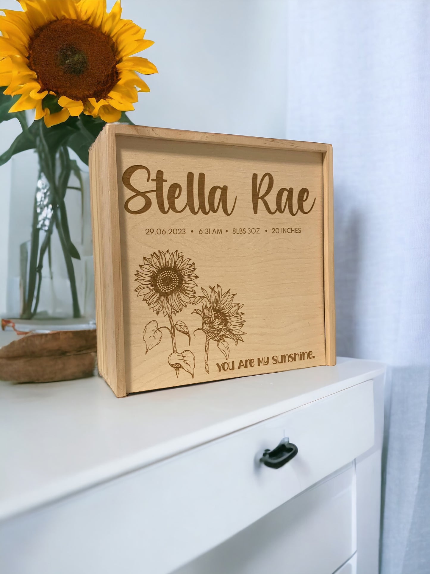 Personalized Memory Keepsake Box, Baby Girl Shower Gift, You are my Sunshine, Custom Newborn Woodland Floral Baby Gift, Unique New Baby Gift