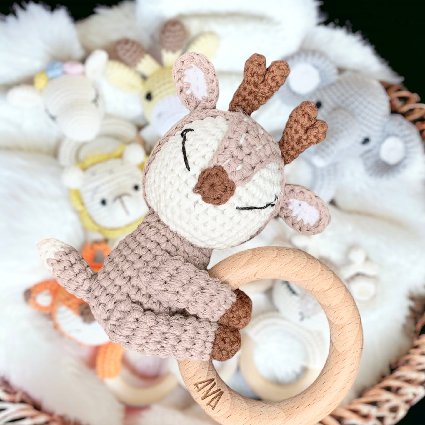 Crochet Baby Teething Rattle - Fox, Elephant, Giraffe, Bunny, Lion, Woodland