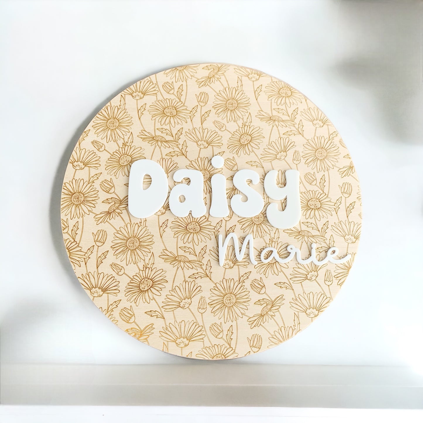 Round 3D Baby Name Sign, Custom Engraved Baby Birth Announcement, Baby Girl Floral Nursery Gift, Personalized Daisy flower Baby shower gift