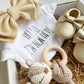 Baby Girl Gift Set Box - Gold Shoes and Bow, Brown and White Woodland Baby Rattle Teething Ring.