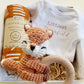 Brown and White Boho Woodland Fox Custom Baby Gift - Brown Rainbow Baby Blanket, Brown Fox Baby Teething Rattle, Personalized Baby Boho Onesie
