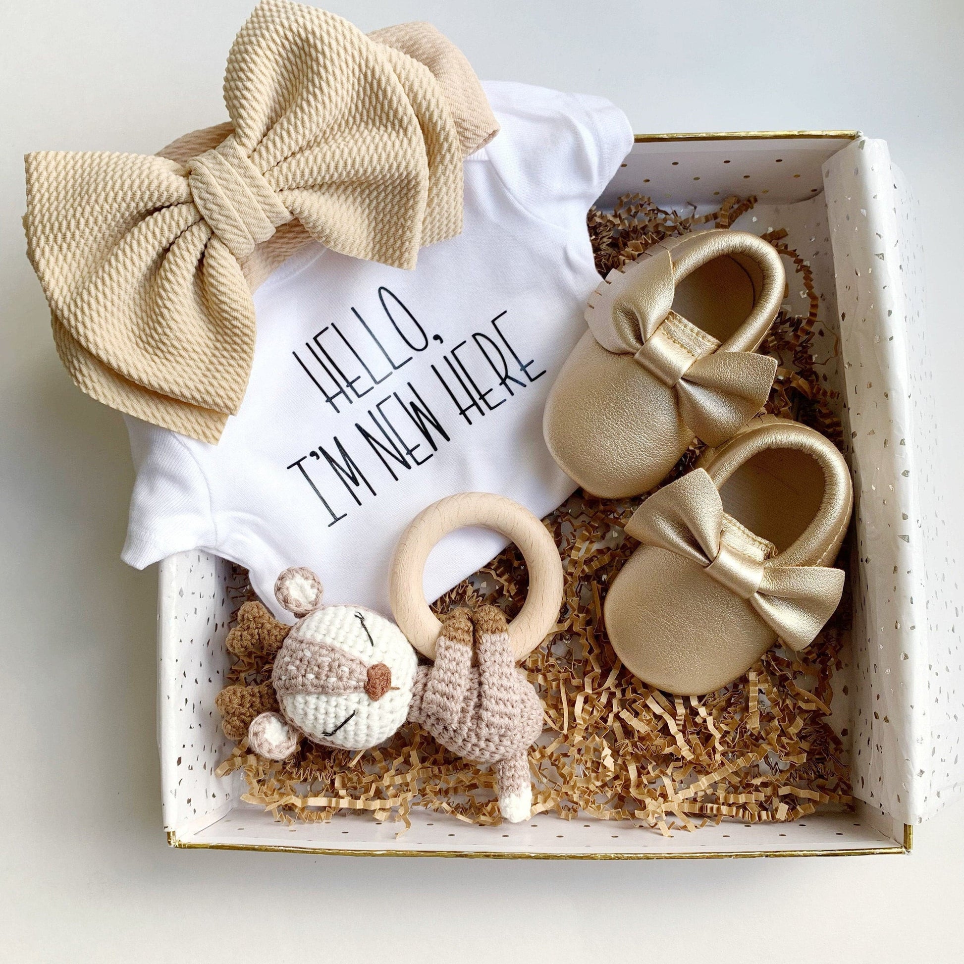 Baby Girl Gift Set Box - Gold Shoes and Bow, Brown and White Woodland Baby Rattle Teething Ring.