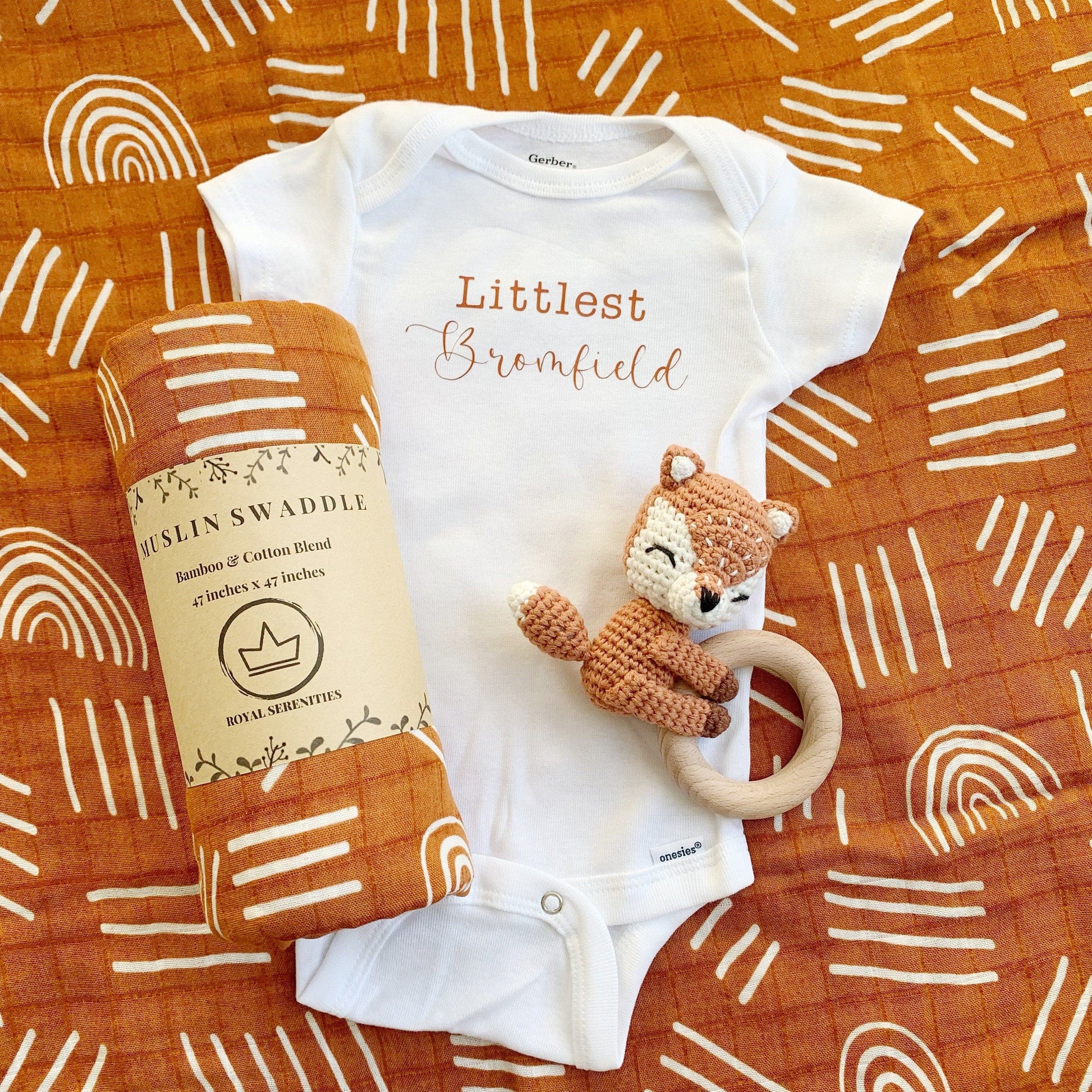 Brown and White Boho Woodland Fox Custom Baby Gift - Brown Rainbow Baby Blanket, Brown Fox Baby Teething Rattle, Personalized Baby Boho Onesie