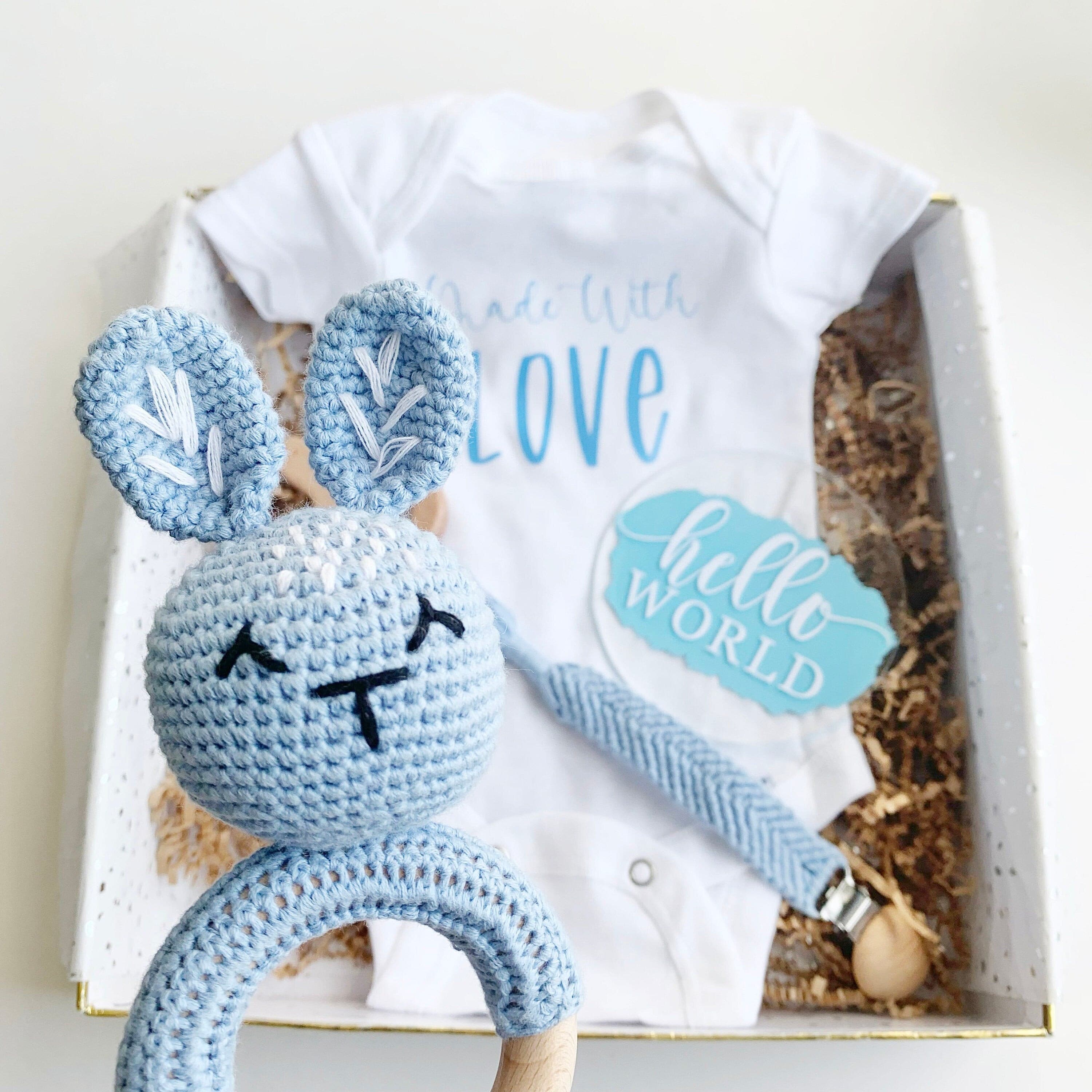 Organic Baby GIFT SET, Bunny Lovie, Newborn Hat and Mittens, Crinkle Teether, Dogs, Unique Baby buying Shower Gift, Organic Baby Toys