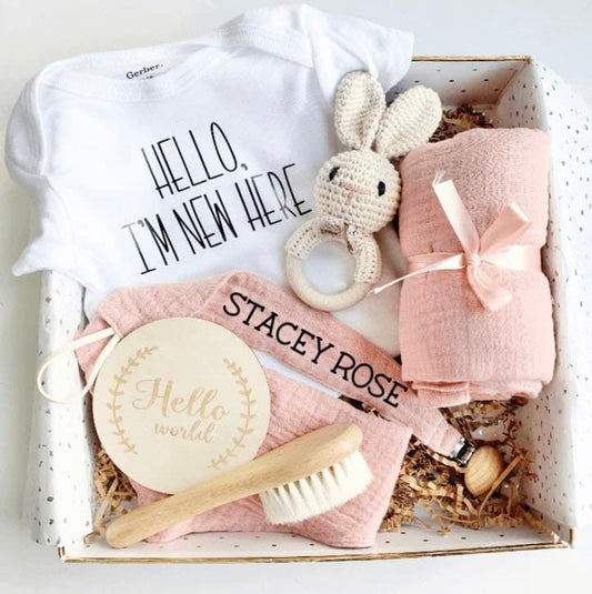 Baby Girl Gift Box, Baby Shower Gift Set, Pink, New Baby Gift, Newborn Gift, Personalized, Custom, Coming Home, Newborn Photo shoot, Bunny.