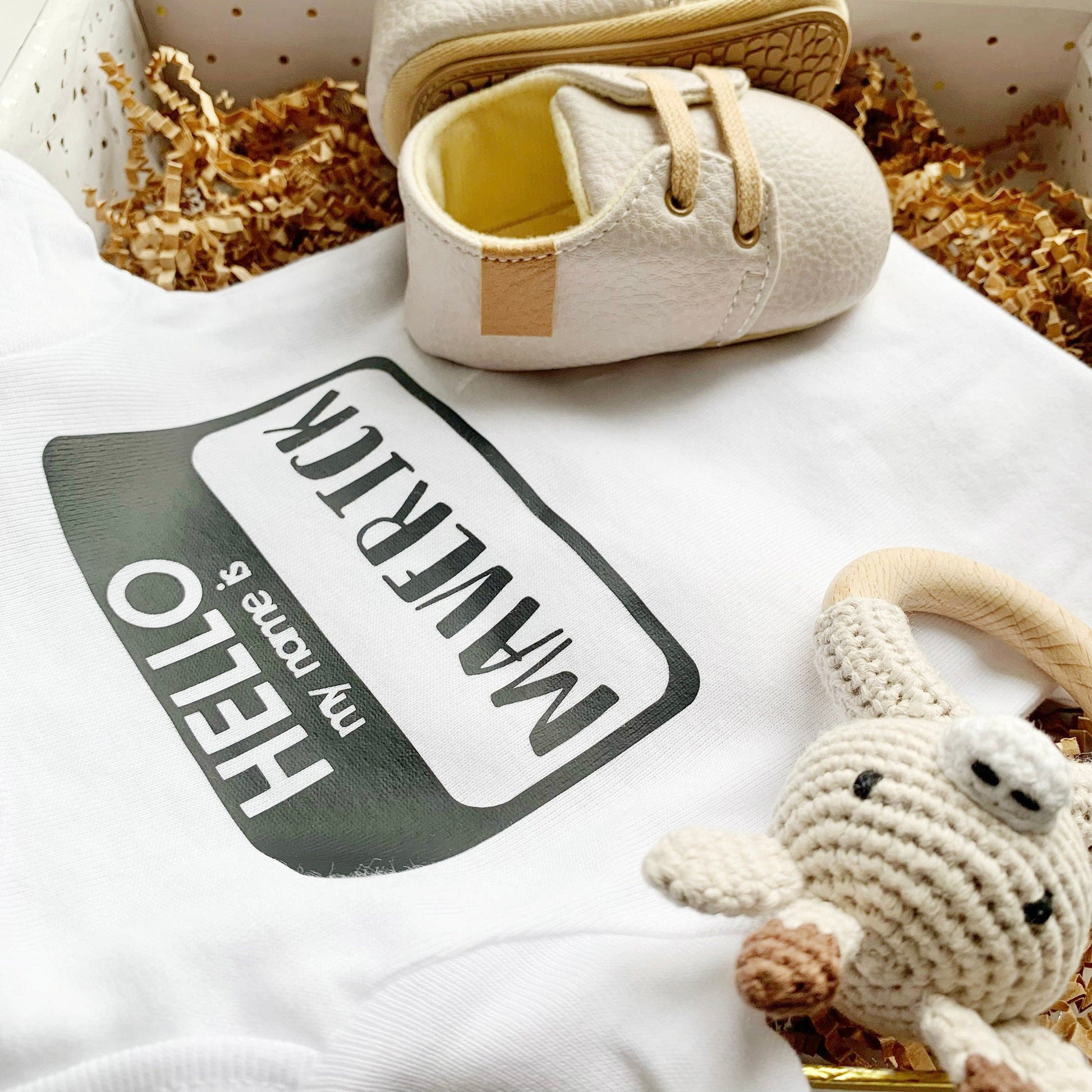 Coming Home Baby Outfit - Hello, My Name is - Baby Shoes and Rattle.
