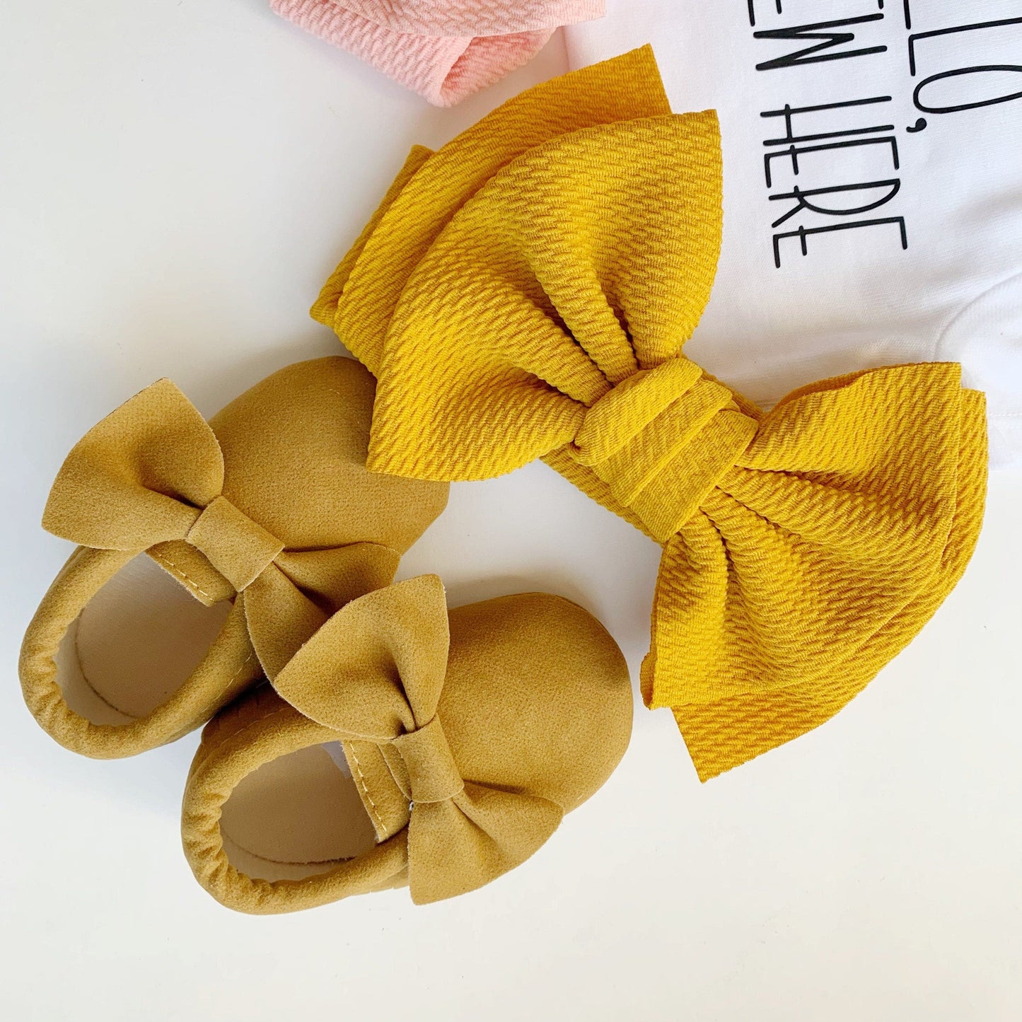Baby Bow Shoes Newborn Gift - Pink, Gold and Yellow
