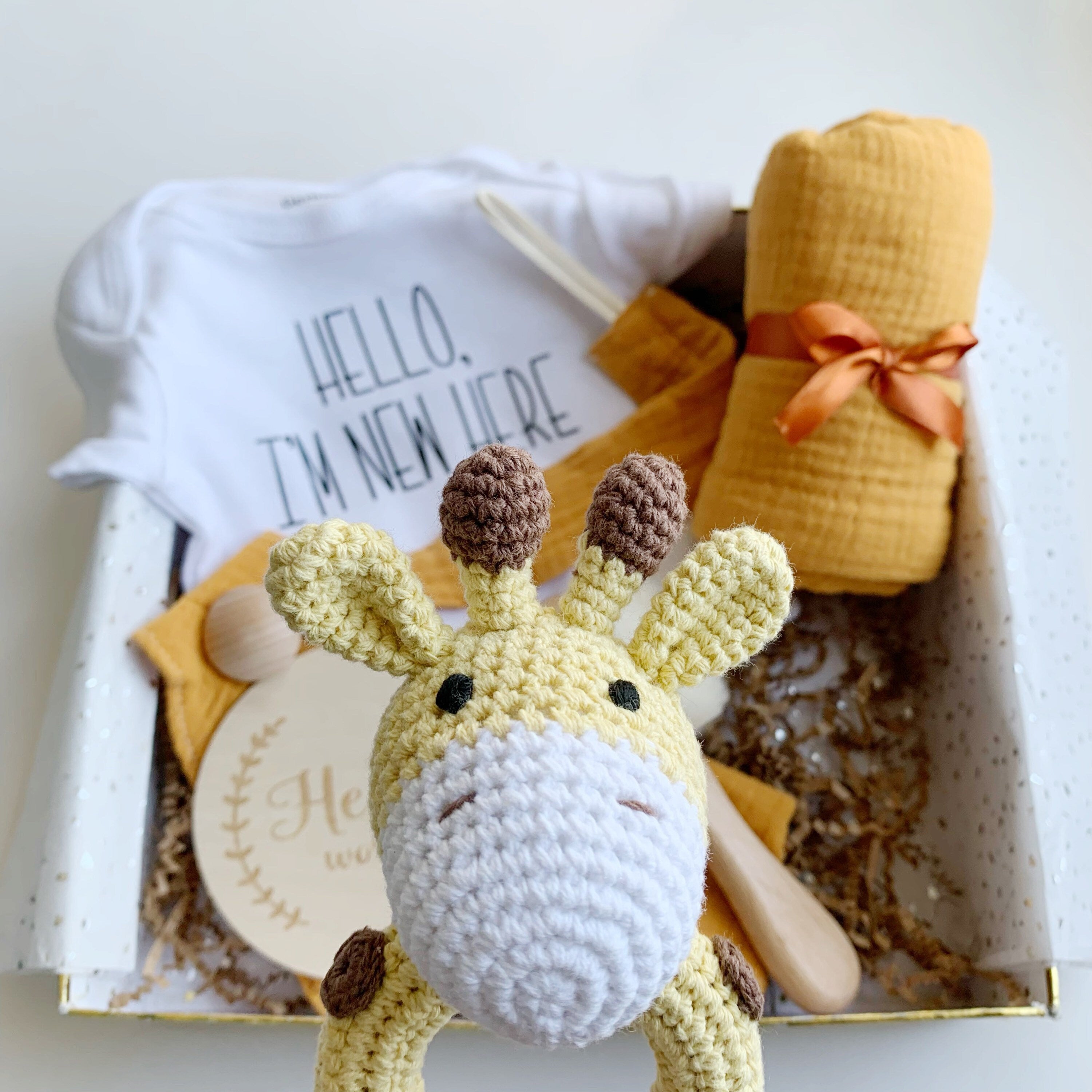 Baby gift set, Neutral gift box, Baby gift set, offers Baby Shower gift, New baby gift. handmade crochet baby blanket, wood baby rattle