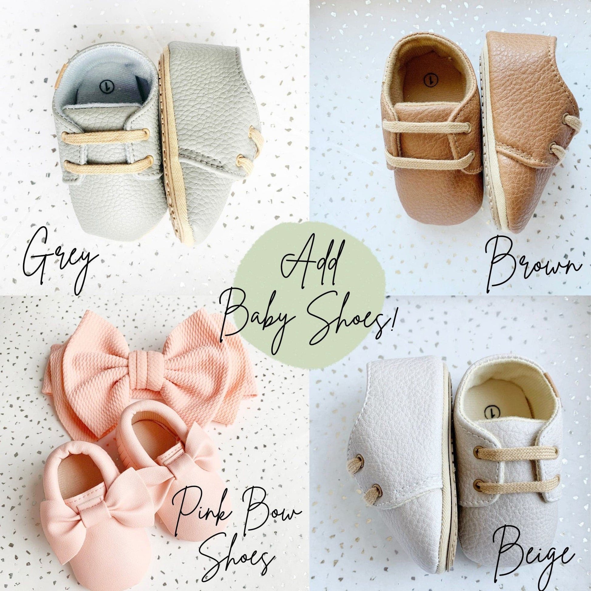Grey Baby Shoes with laces, Brown Baby Shoes with laces, Beige Baby Shoes with laces, Pink Baby Shoes with bow, Pink Baby Bow