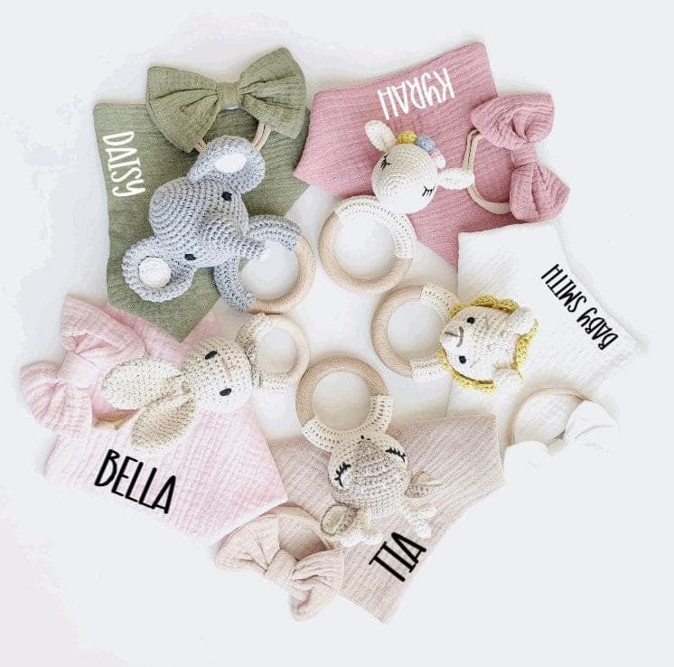 Custom Newborn Baby Shower Gift, Personalized Baby Girl Name Bib, Woodland Crochet Rattle Teether, Baby Girl Bow Gift, Baby Gift Box.