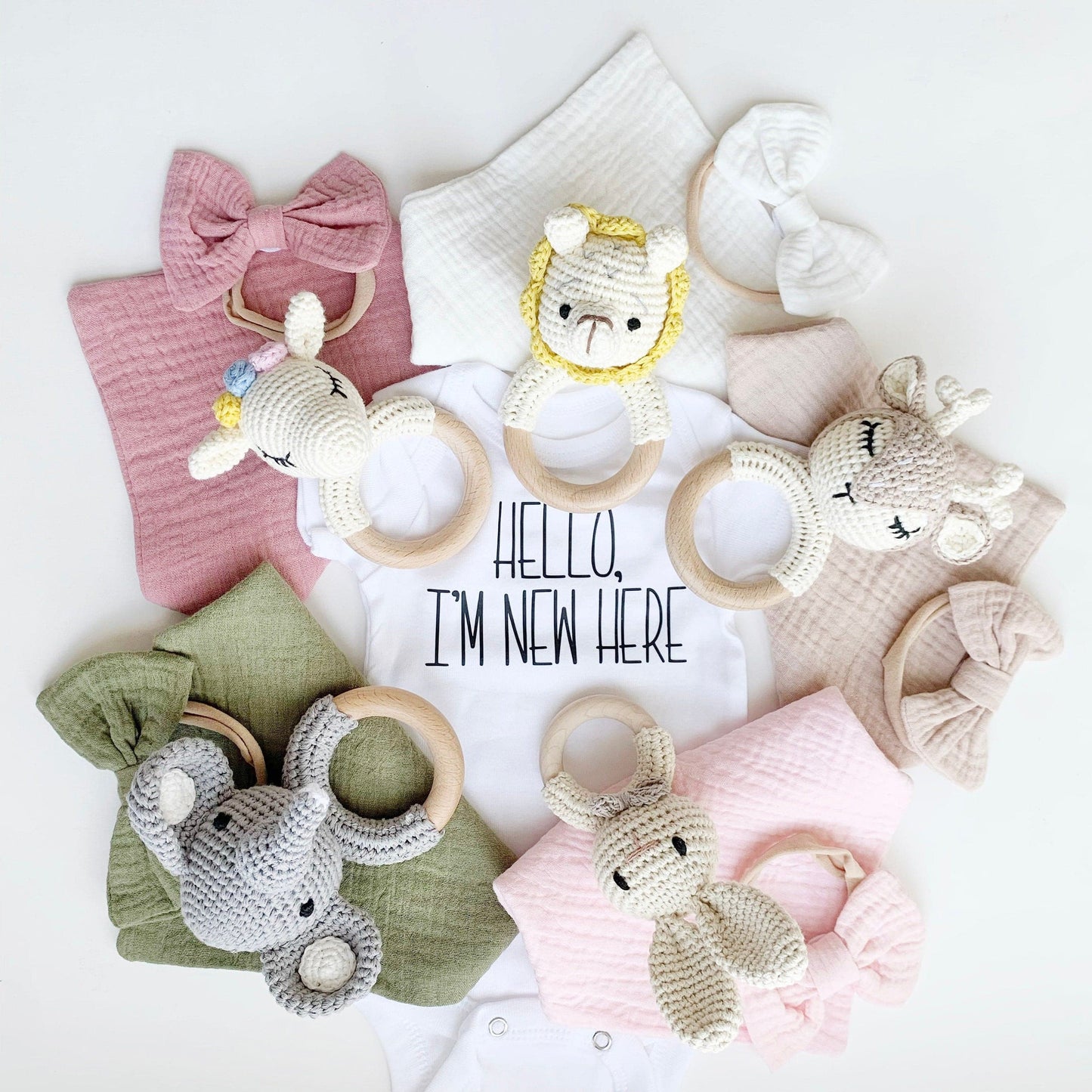 Custom Newborn Baby Shower Gift, Personalized Baby Girl Name Bib, Woodland Crochet Rattle Teether, Baby Girl Bow Gift, Baby Gift Box.