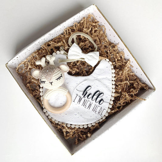 Woodland Baby Shower Girl Gift - White Lace Bib and Bow