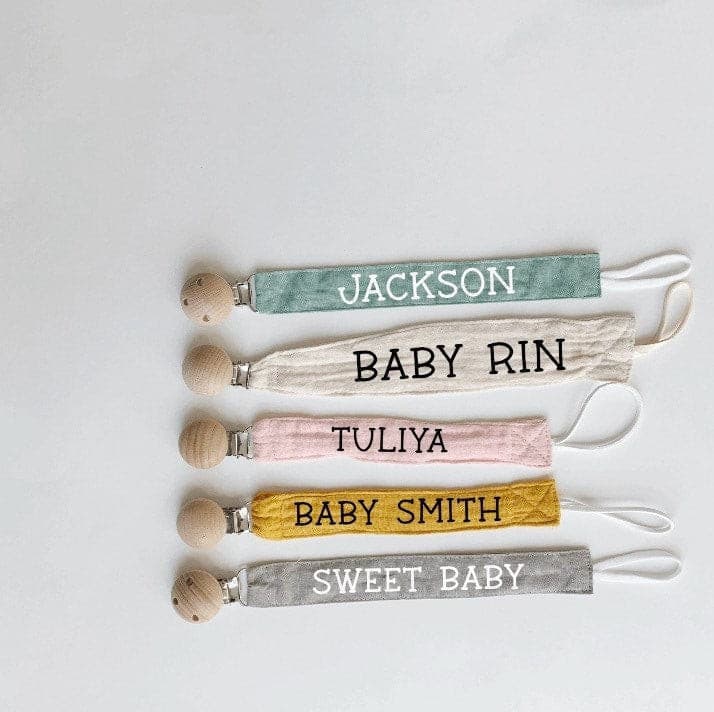 Customized Soother Clip, Personalized Soother Clip, Personalized Pacifier Clip, Custom Dummy Clip, Grey, Yellow, Pink.
