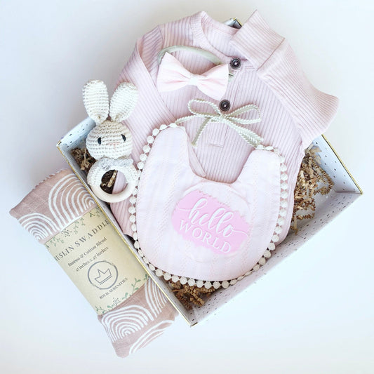 Baby Girl Gift Box Set, Baby Shower Gift, Baby Bow, New Baby Gift basket, Baby Bib, Newborn Baby Gift Hamper, Pink Bunny Rattle Easter Gift.