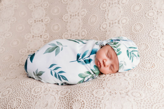 Boho newborn baby hat, bow and swaddle blanket - Gender Neutral Green - Custom